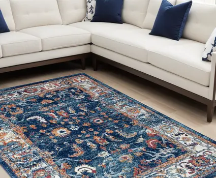 9' X 12' Blue Rust and Orange Oriental Power Loom Area Rug