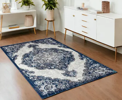 4' X 6' Navy and Ivory Medallion Power Loom Area Rug