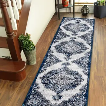 10' Navy and Ivory Medallion Power Loom Runner Rug