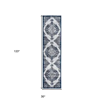 10' Navy and Ivory Medallion Power Loom Runner Rug