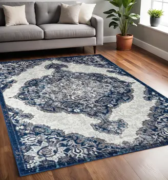 5' X 8' Ivory Gray And Blue Medallion Area Rug