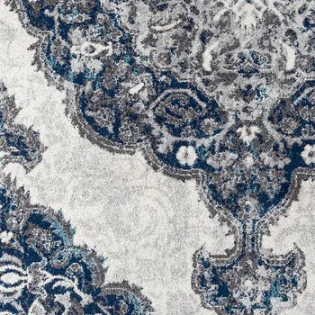 6' Navy and Ivory Medallion Power Loom Round Rug
