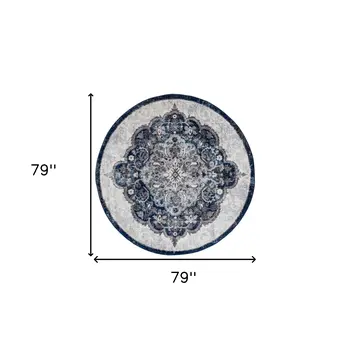6' Navy and Ivory Medallion Power Loom Round Rug