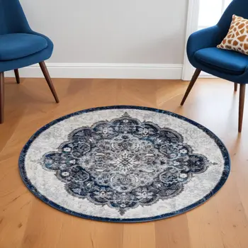 6' Navy and Ivory Medallion Power Loom Round Rug