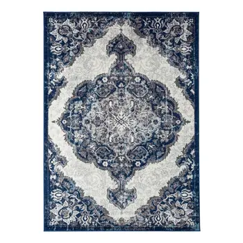 9' X 12' Navy and Ivory Medallion Power Loom Area Rug