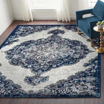 9' X 12' Navy and Ivory Medallion Power Loom Area Rug