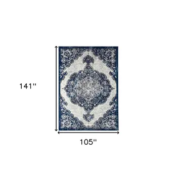 9' X 12' Navy and Ivory Medallion Power Loom Area Rug