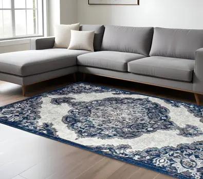 9' X 12' Navy and Ivory Medallion Power Loom Area Rug