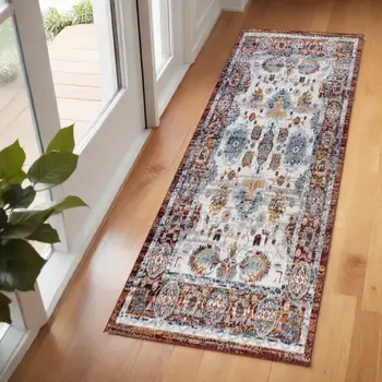 6' Ivory Brown and Orange Floral Power Loom Runner Rug