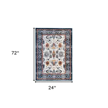 6' Ivory Navy and Orange Floral Power Loom Runner Rug
