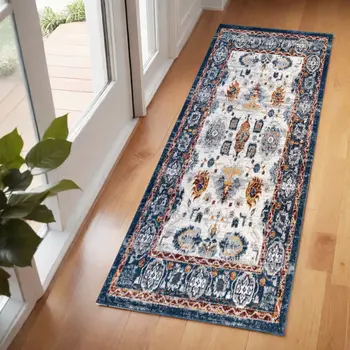 6' Ivory Navy and Orange Floral Power Loom Runner Rug
