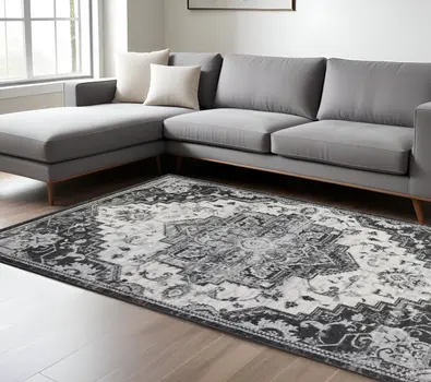 8' X 10' Ivory Black and Gray Medallion Power Loom Area Rug