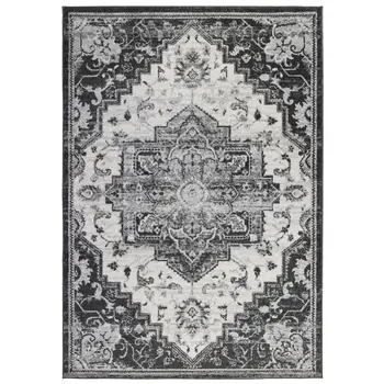 9' X 12' Ivory Black and Gray Medallion Power Loom Area Rug