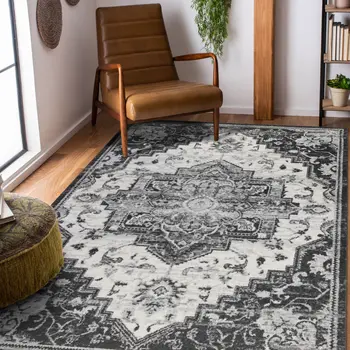 9' X 12' Ivory Black and Gray Medallion Power Loom Area Rug