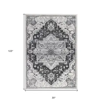 10' Gray and Dark Gray Medallion Power Loom Runner Rug