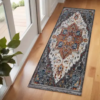 6' Gray Rust and Orange Medallion Power Loom Runner Rug