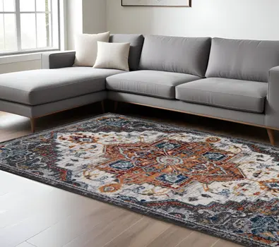 8' X 10' Gray Rust and Orange Medallion Power Loom Area Rug