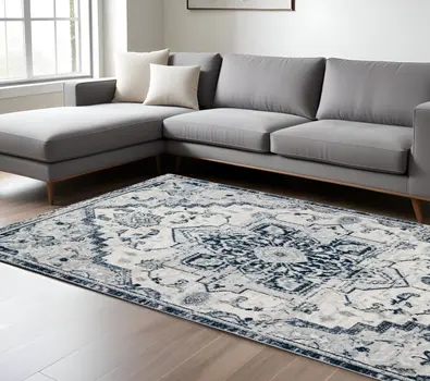 9' X 12' Navy and Ivory Medallion Power Loom Area Rug