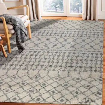 7' X 9' Gray And Ivory Geometric Shag Area Rug