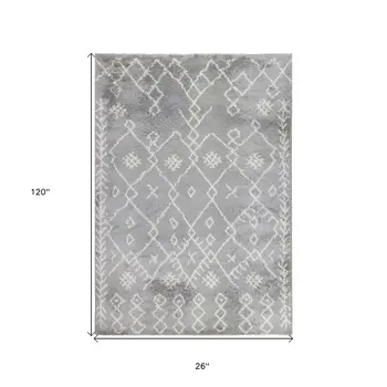10' Ivory And Light Gray Geometric Shag Runner Rug