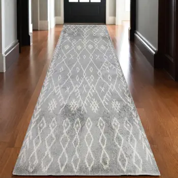 10' Ivory And Light Gray Geometric Shag Runner Rug