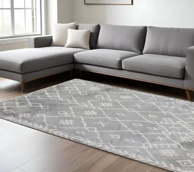 7' X 9' Ivory And Light Gray Geometric Shag Area Rug