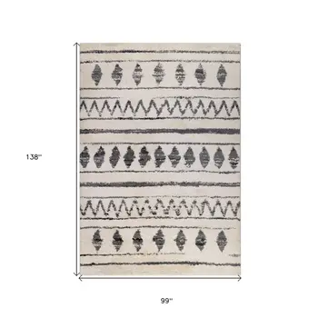 8' X 12' Black And Ivory Geometric Shag Area Rug