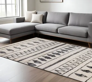 8' X 12' Black And Ivory Geometric Shag Area Rug