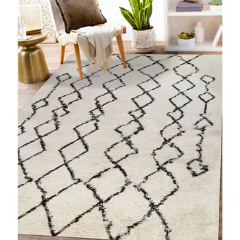 8' X 12' Black and Ivory Geometric Shag Area Rug