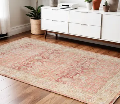 4' X 6' Salmon And Tan Floral Area Rug