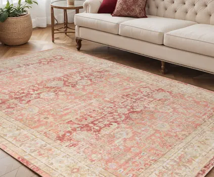 5' X 8' Salmon And Tan Floral Area Rug