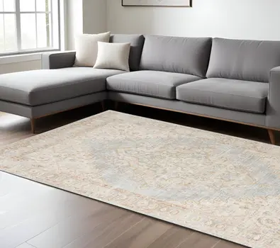 9' X 13' Tan And Gray Medallion Distressed Area Rug