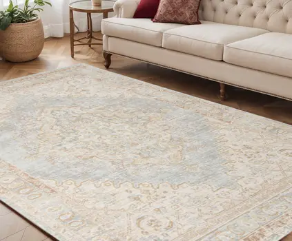 5' X 7' Beige And Gray Medallion Area Rug