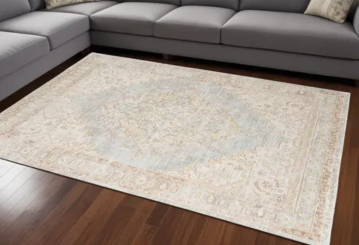 8' X 10' Beige and Gray Medallion Power Loom Worn Faded Area Rug