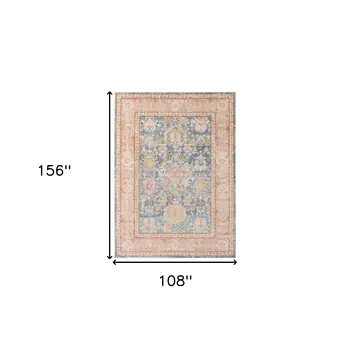 9' X 13' Blue Gold And Orange Floral Area Rug