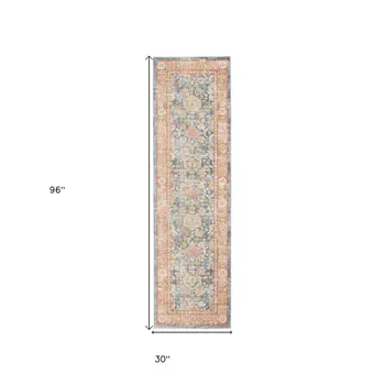 8' Blue Gold And Orange Floral Runner Rug