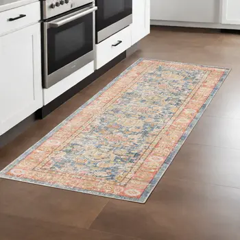 8' Blue Gold And Orange Floral Runner Rug