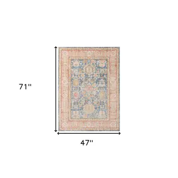 4' X 6' Blue Gold And Orange Floral Area Rug