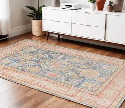 4' X 6' Blue Gold And Orange Floral Area Rug