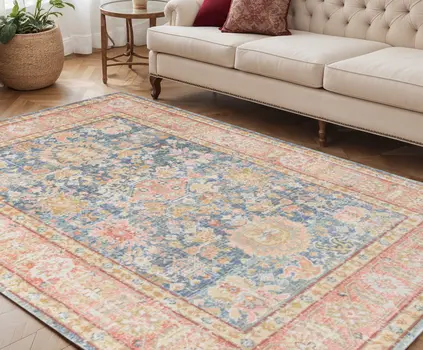 5' X 8' Blue Gold And Orange Floral Area Rug