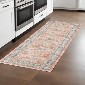 8' Blue Gold And Orange Floral Runner Rug