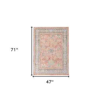 4' X 6' Blue Gold And Coral Floral Area Rug