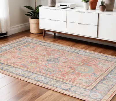 4' X 6' Blue Gold And Coral Floral Area Rug