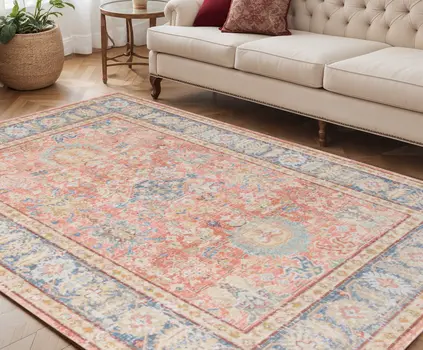 5' X 8' Blue Gold And Coral Floral Area Rug