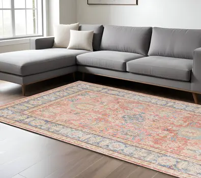 8' X 10' Blue Gold And Coral Floral Area Rug
