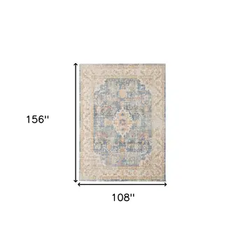 9' X 13' Blue Gold And Orange Floral Area Rug