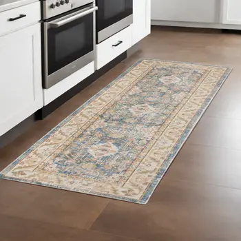 8' Blue Gold And Orange Floral Runner Rug