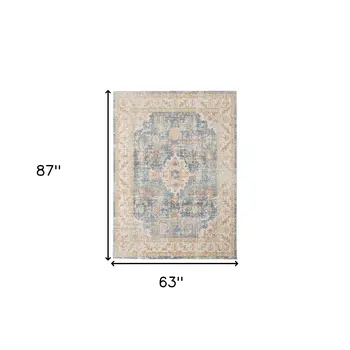 5' X 8' Blue Gold And Orange Floral Area Rug