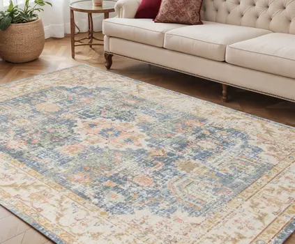 5' X 8' Blue Gold And Orange Floral Area Rug