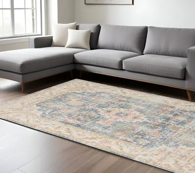 8' X 10' Blue Gold And Orange Floral Area Rug